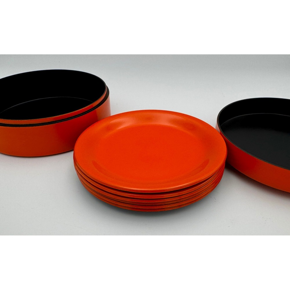 Vtg Japanese Faux Lacquerware Coaster Set Glossy Orange Melamine Mid Century